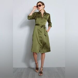 Elie Tahari | Washed Satin Belted Shirt Dress in Tuscan Olive Green
